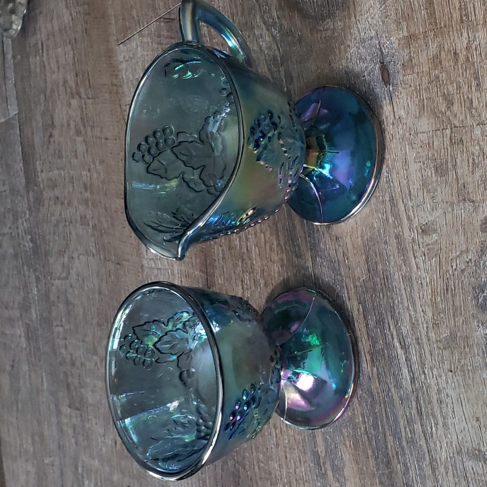 Indiana glass company blue carnival glass cream and sugar set.